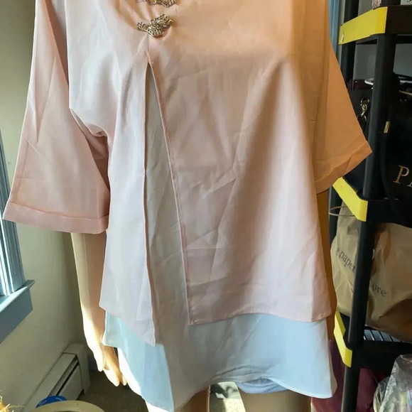 Lightweight Pink white Layered Tunic blouse Top women size L - Picture 5 of 6